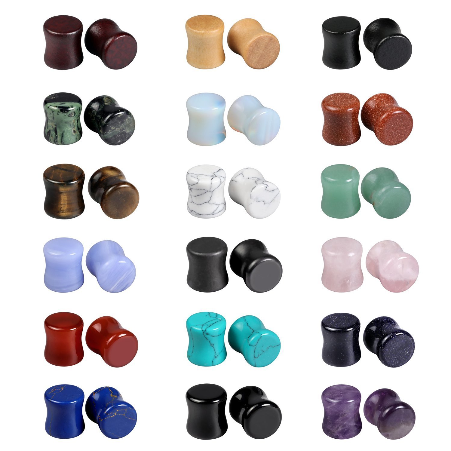 Evevil Wood Mixed Stone Ear Plugs Ear Gauges Double Flared Saddle Stretching Gauge Expander (18 Pairs/36 Pieces,00g-14mm)