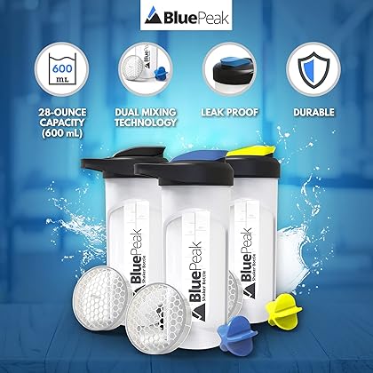 BluePeak Protein Shaker Bottle 28 oz with Dual Mixing Technology, Strong Loop Top, BPA Free, Shaker Balls & Mixing Grids Included - On-The-Go Large Protein Shakers (3 Pack - Yellow, Blue, Black)