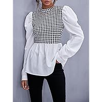 Women's Tops Sexy Tops for Women Shirts Houndstooth Gigot Sleeve Peplum Top Shirts for Women (Color : Black and White, Size : Medium)