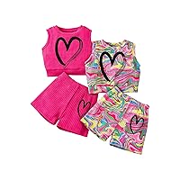 Floerns Toddler Girl's 4 Piece Outfits Rib Knit Heart Print Tank Top Track Shorts Sets