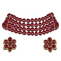 I Jewels 18k Gold Plated Indian Wedding Bollywood White Pearl Beaded Stylish Moti Choker Necklace Jewellery Set with Stud Earrings for women (ML286)