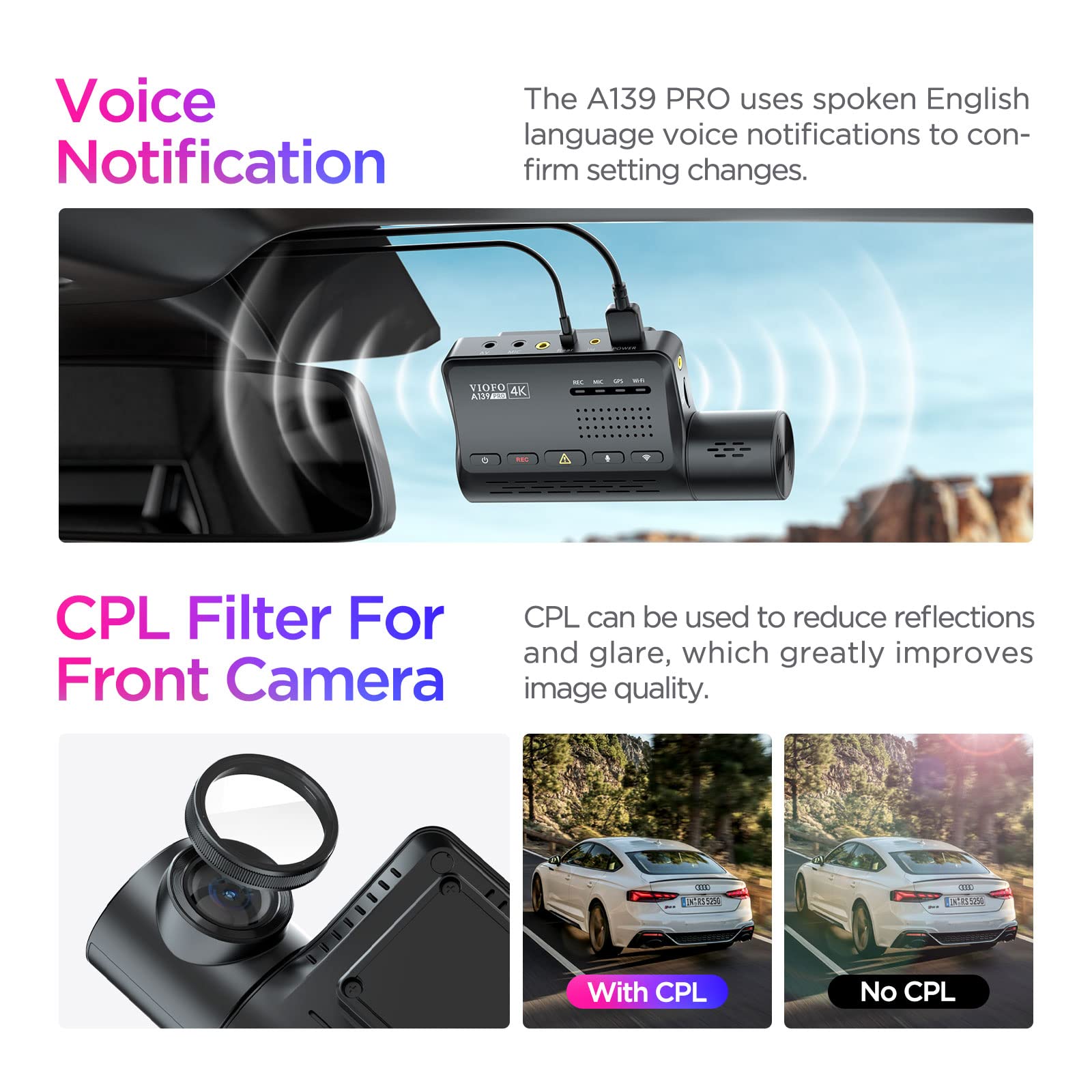 VIOFO 4K HDR Dash Cam Front and Rear A139 Pro 2CH, STARVIS 2 IMX678 Sensor, Superb Night Vision, Ultra HD 4K + 1080P Dashcam for Car, 5GHz WiFi GPS, 24H Parking Mode (A139PRO 2CH)