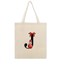 Gnome Letter J Monogram Initial Alphabet Canvas Tote Bag with Handle Cute Book Bag Shopping Shoulder Bag for Women Girls