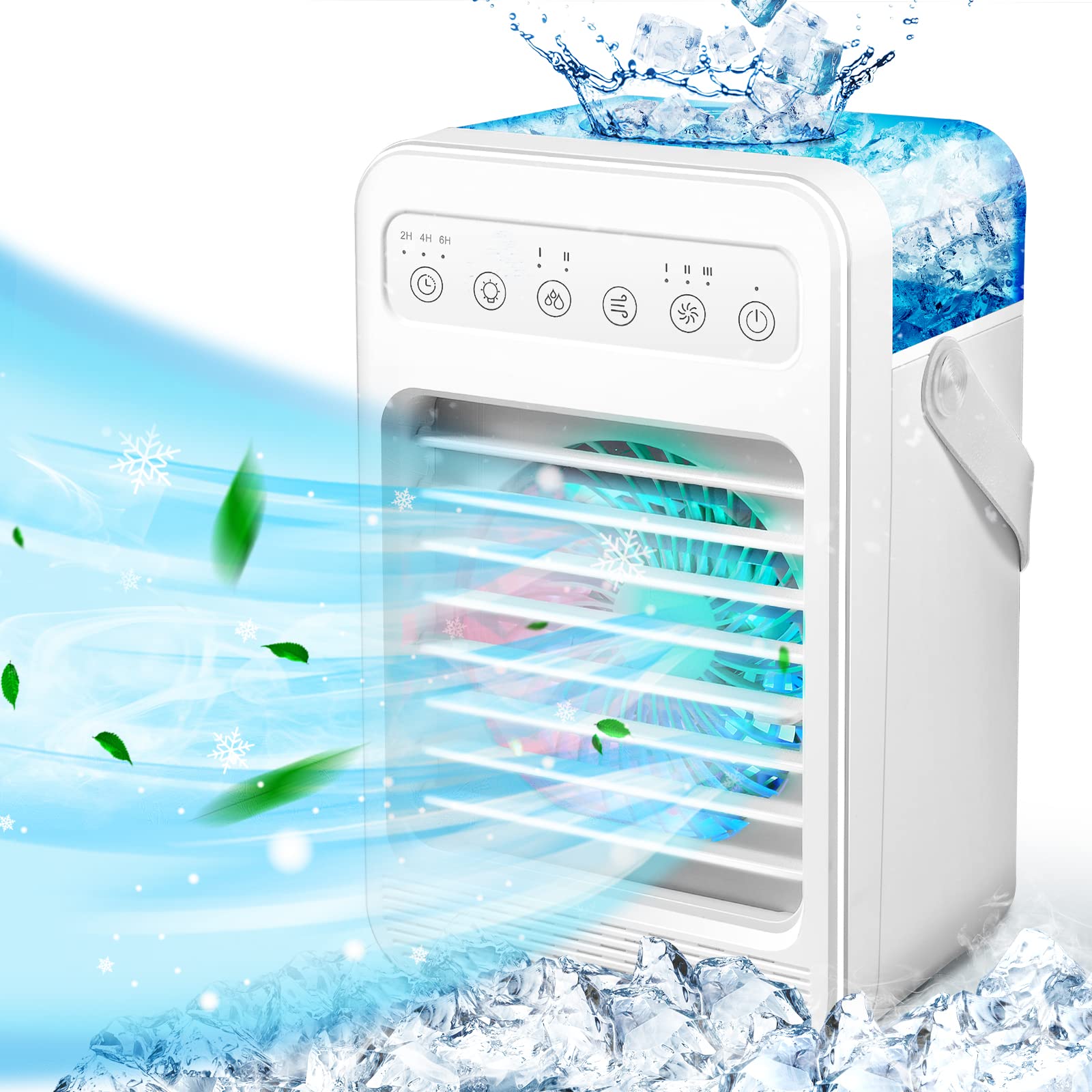 Portable Air Conditioners, 4-IN-1 Evaporative Personal Air Cooler Humidifier with 3 Speeds 7 Colors Light, 600ML Mini Personal Air Conditioner Fan, USB Quiet Air Cooler for Room Office Desk