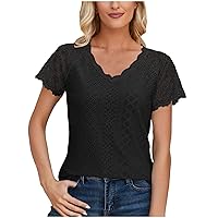 Womens Summer Tops Crewneck Lace Crochet V Neck Short Sleeve Shirts Casual Dressy Basic T-Shirts Blouses Slim Fit Tunic