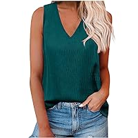 Women's Tank Tops Casual Summer V Neck Sleeveless Shirts Solid Color Flowy Tunic Loose Fit Textured Basic Beach Top
