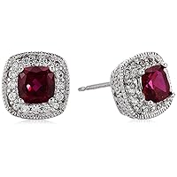 Amazon Collection Sterling Silver Created Ruby and Created White Sapphire Halo Cushion Stud Earrings