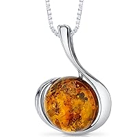 PEORA Genuine Baltic Amber Pendant Necklace, Earrings and Bracelet in Sterling Silver, Floating Round Shape Design, Rich Cognac Color