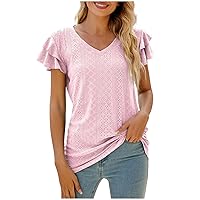 Today Deals Women Peplum Sleeve Tops Flattering Summer Tshirt Sexy Casual Embroidery Eyelet Blouses Trendy Cute Vacation Tee Womens Summer Tank Tops 2024