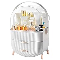 Makeup Organizer Countertop and Storage for Bathroom Vanity, Portable Travel Cosmetic Display Cases with Lid and Drawers, Gift for Women and Girls -White