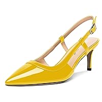 Womens Solid Pointed Toe Slingback Dress Work Buckle Patent Kitten Mid Heel Pumps Shoes 2.5 Inch