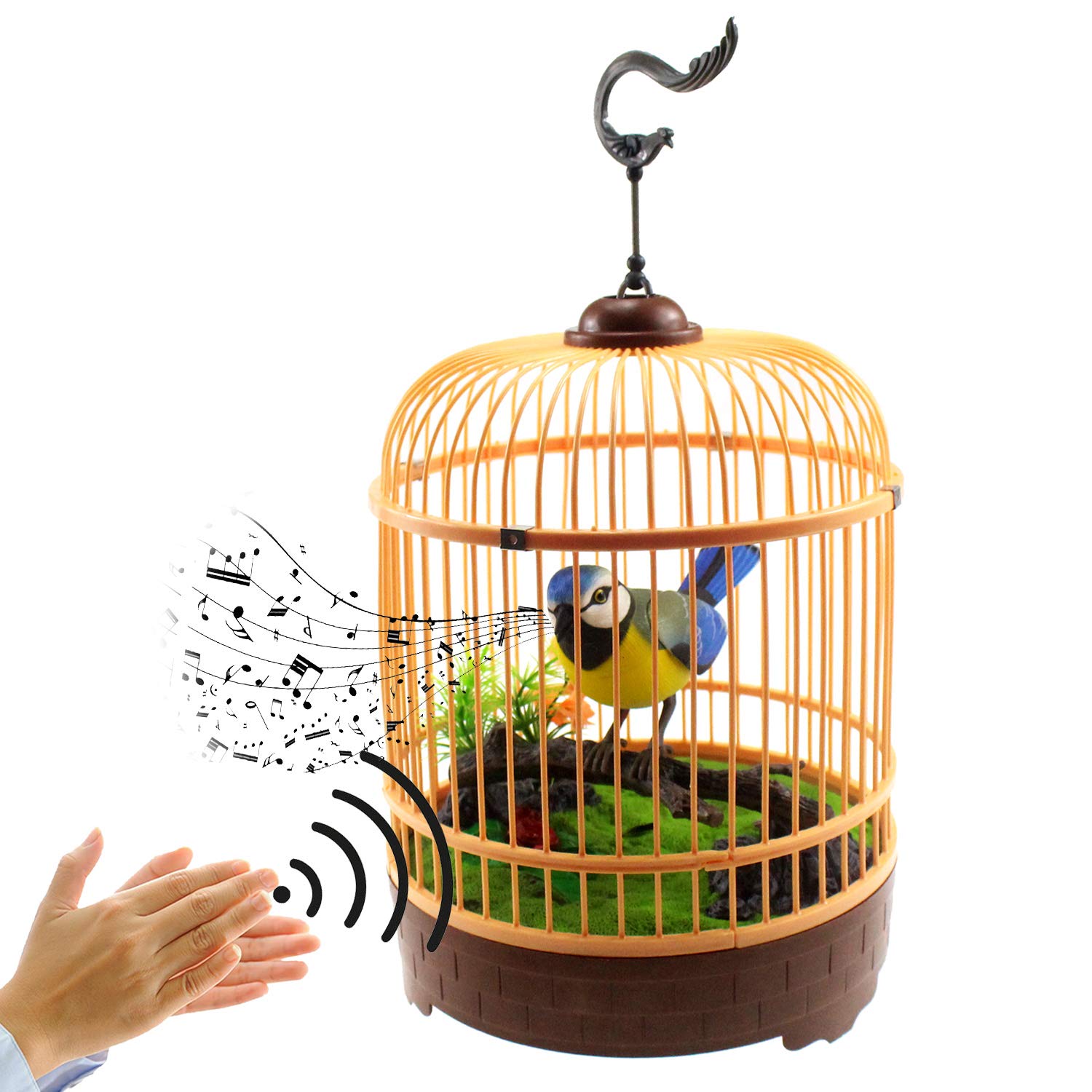 Tipmant Cute Electronic Pets Simulation Sparrow Bird in Cage Move Chirp Home Room Decor Ornament Kids Toys Gifts (Blue)