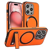 ZIFENGXUAN- Case for iPhone 15 Pro Max/15 Pro/15 Plus/15,Kickstand Leather Slim Cover with Hidden Stand Magnetic Support Wireless Charging (15 Pro,Orange)