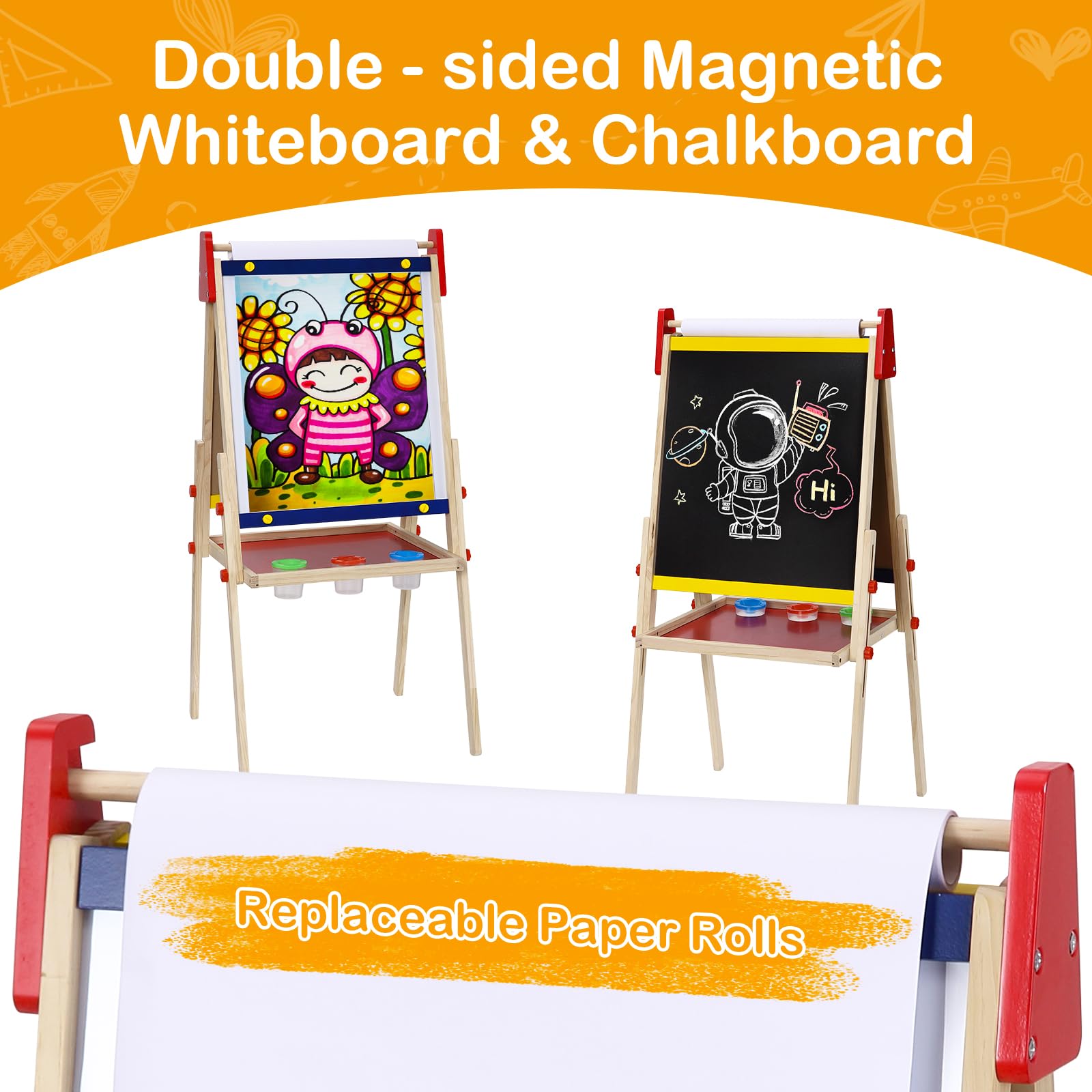 Kids Wooden Easel with Paper Roll,Adjustable Double Sided Wooden Kids Easel Drawing Board with Magnetic Chalkboard,Paint Art Set for Kids Toddlers 2-4 4-8 9-12
