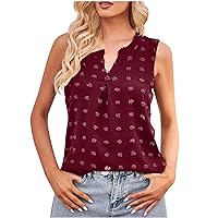 Notch V Neck Tank Tops for Women Swiss Dot Pom Pom Sleeveless Tee Tops Summer Casual Loose Curved Hem Camis Shirts Blouses