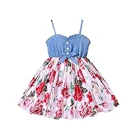 Toddler Girl's Floral Sleeveless Dresses Striped Spaghetti Strap Button Front Belted Sundress for Casual