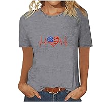 Short Sleeve Tops for Women Crew Neck T-Shirt Summer Tshirts Casual Blouse Pullover Love Electrocardiogram USA Flag T Shirt