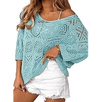 Dokotoo Women's 2024 Spring Summer Crochet Hollow Out 3/4 Sleeve Pullover Sweater Off Shoulder T-Shirts