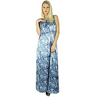 Bimba Women Long Satin Maxi Smocked Waist Sleeveless Dress Boho Gown Blue