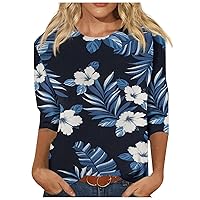 Shirts for Women, Women's Fashion Casual Seven-Point Sleeve Printed Round Neck Top