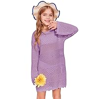 Batermoon Girls Crochet Long Sleeve Swimsuit Cover Up Kids Fashion Hollow Out Swimwear Beach Dress 5-14 Years