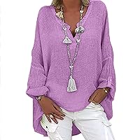 Blouses for Women,Plus Size Women Long-Sleeved Blouse Cotton and Linen Tops Printed V-Neck Tunic Loose Fit Pullover