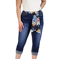 Women's Plus Size - Roll Cuff Capri with Printed Belt - High Waist - Button Closure - 5 Pocket Design - Premium