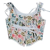 Womens Floral Leaves Push Up Strap Retro Bustier Tank Tops Summer Lace-Up Front Fashion Elegant Corset Cami Top