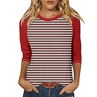3/4 Length Sleeve Womens Tops 2024 Striped Printed Vintage Fashion Casual Loose T Shirt Round Neck Casual Blouses