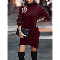 Sweatshirtw for Women - Turtleneck Asymmetrical Hem Sweatshirt Dress (Color : Burgundy, Size : Large)