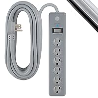 GE 6-Outlet Surge Protector, 25 Ft Extension Cord, Power Strip, 800 Joules, Flat Plug, Twist-to-Close Safety Covers, UL Listed, Gray, 62470