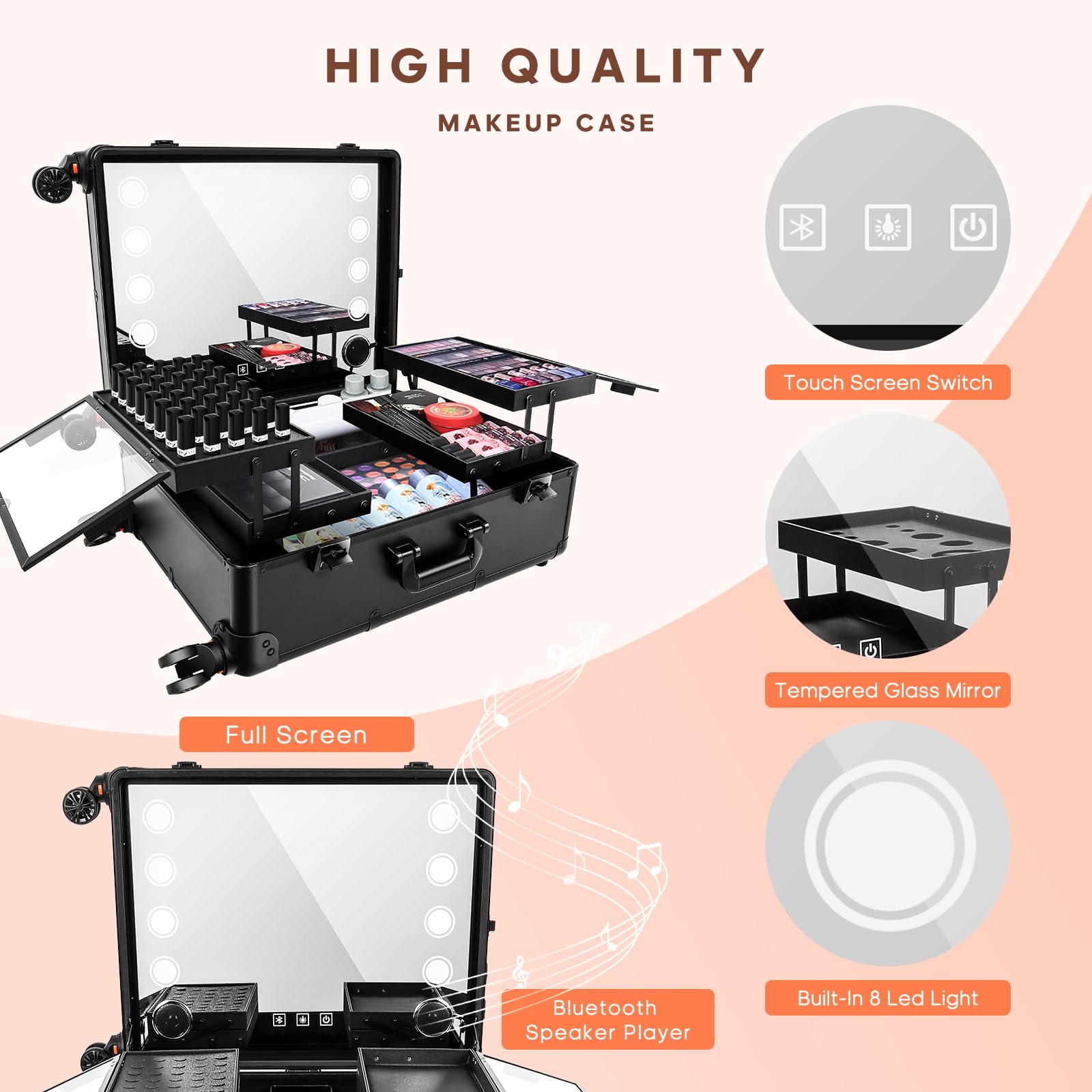 FAHKNS Aluminum Trolley Makeup Train Case with LED Light Professional Cosmetic 24'' Make up Cosmetic Organizer Studio with Speaker Stand Rolling Lighted Makeup Vanity Station 3 Shades of Light (Black)
