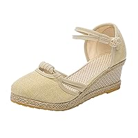 Women's Sandals with Breathable Organic Cotton Canvas Womens Sandals Canvas Low Wedges with Ankle Strap