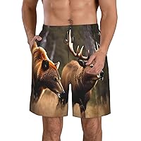 Wildlife Hunting Deer Bear Elk Print Men's Beach Shorts Tropical Hawaiian Style,Quick Dry Casual Summer Shorts Adjustable