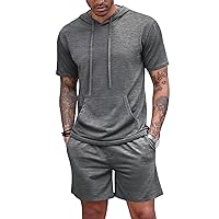 Men's Tracksuit 2 Piece Hooded Athletic Sweatsuit Short Sleeve Casual Sports Hoodie Shorts Set Pullover Jumpers Joggers