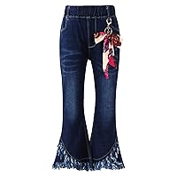 Kids Girls Casual Denim Pants Fashion Bell Bottoms Lace Ruffle Hem Flared Jeans Pants Vintage Trousers Size 3-14