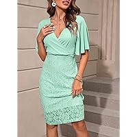 Dresses for Women Surplice Neck Butterfly Sleeve Lace Fitted Dress (Color : Mint Green, Size : X-Small)