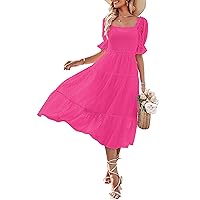 MEROKEETY Women's 2024 Summer Square Neck Puff Sleeve Boho Midi Dress Swiss Dot Ruffle Flowy Tie Back Dress