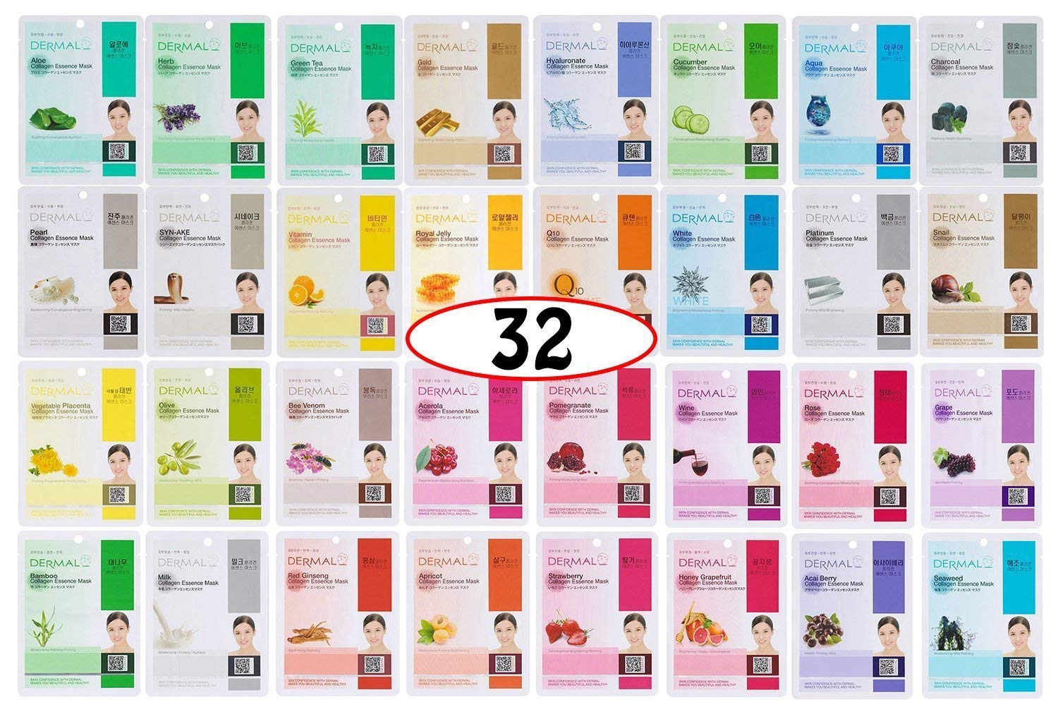 DERMAL 32 Combo A+B Set Collagen Essence Korean Face Mask - Hydrating and Soothing Facial Mask with Panthenol - Hypoallergenic Self Care Sheet Mask for All Skin Types - Natural Home Spa Treatment Masks