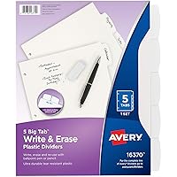 Avery Big Tab Write & Erase Durable Plastic Dividers for 3 Ring Binders, 5-Tab Set, White, 1 Set (16370)