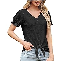 Short Sleeve Womens Tops Summer Loose V-Neck Eyelet Embroidery T-Shirts Dressy Casual Ruffle Sleeve Tunic Blouses