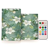 White Magnolia Flowers on Green Flickering Flameless Candles Battery Operated with Remote Timer,Tea Light Candles LED Pillar Votive Candles Set of 2 for Outdoor Indoor Decorations