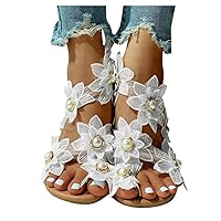 Women's Bohemian Flower Decor Sandals Toe Ring Sandals Floral Shoes Flat Beach Pearl Ladies Fashion Casual