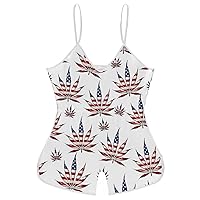 American Flag Weed Leaf Pattern Funny Slip Jumpsuits One Piece Romper for Women Sleeveless with Adjustable Strap Sexy Shorts