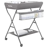 Baby Changing Table with Wheels, Maydolly Portable Adjustable Height Folding Diaper Station with Nursery Organizer & Storage Rack for Newborn Baby and Infant (Light Grey)