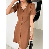 Summer Dresses for Women 2022 Solid Button Through Dress Dresses for Women (Color : Brown, Size : Large)