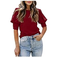 Summer Shirts for Women Buttons Puffy Short Sleeves Blouses and Tops Dressy Casual Fashion Clothes Crew Neck Tunic Tee