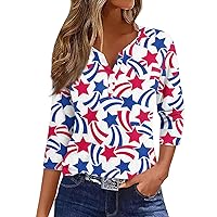 Womens 4th of July Shirts 3/4 Sleeve Tops Henley V Neck Shirt Three Quarter Sleeve Tops Summer Dressy Tunics Blouse
