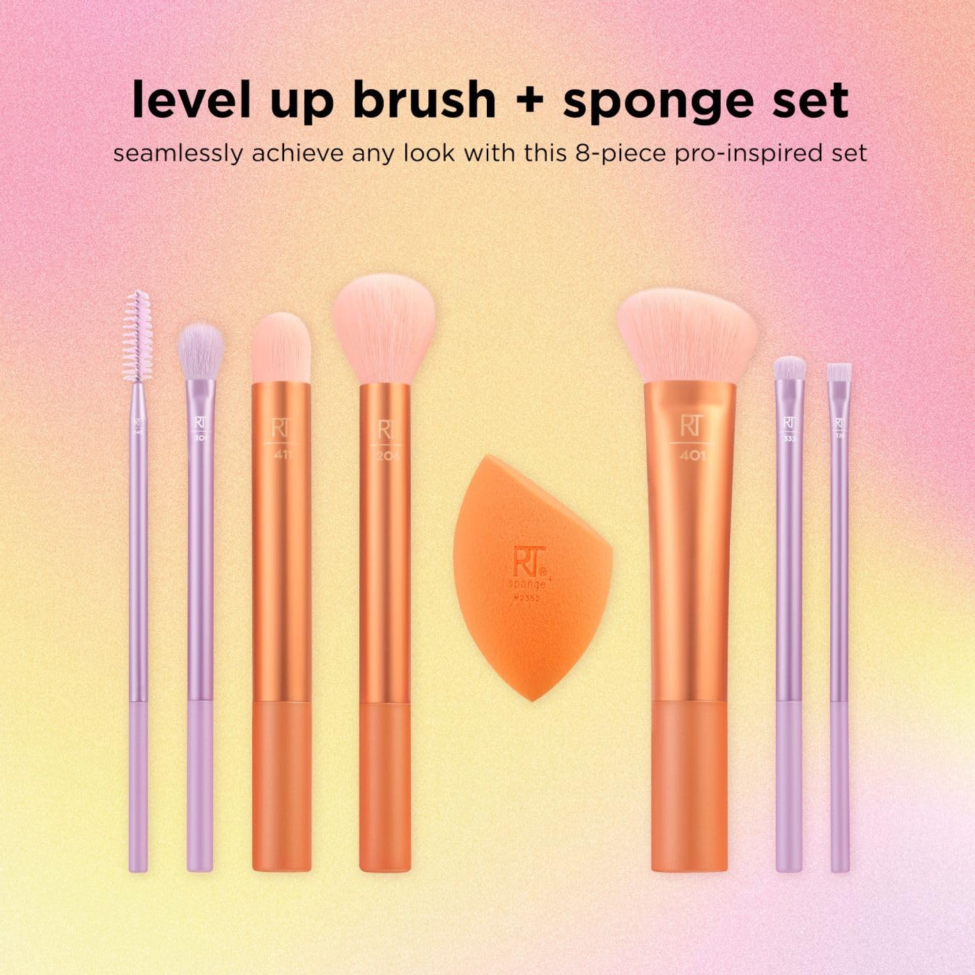 Real Techniques Level Up Brush And Sponge Kit, Makeup Brushes For Eyeshadow, Foundation, Blush, & Bronzer, Makeup Blending Sponge, Professional Quality Makeup Tools, Synthetic Bristles, 8 Piece Set