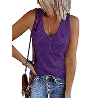 MEROKEETY Women's V Neck Tank Tops Summer Sleeveless Ribbed Button Casual Henley Shirts